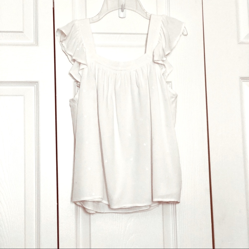 Jun Ivy White Ruffle Top with Embroidered Dots and Square Neckline